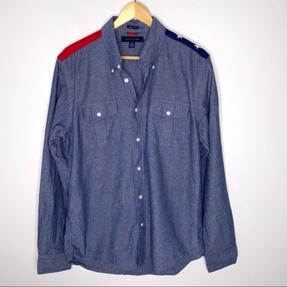 Men’s Tommy Hilfiger Chambray Denim Button Down Flag Shirt Size Medium !